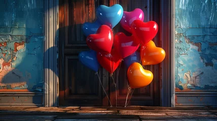 Foto op Plexiglas Heart-shaped balloons escaping from behind a closed door © PRI