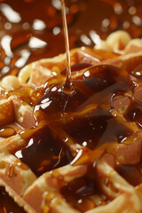 A chocolate glazed waffle with caramel sauce, characterized by macro photography style, dripping paint, interlocking structures, and monochromatic color.