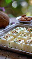 A tray of coconut malai barfis, topped with a layer of thickened milk and garnished with silver vark and chopped almonds, delicious food style, blur background, natural look - obrazy, fototapety, plakaty