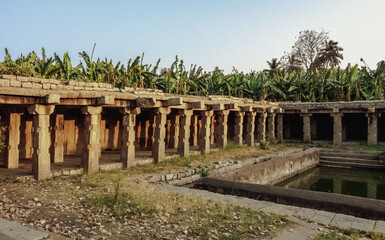 Fototapeta na wymiar Pushkarani are the sacred water tanks of ancient times in Hampi. India