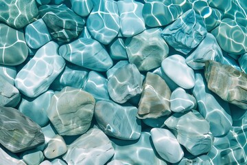 Close-up view of rocks in a swimming pool, depicted in soft and rounded forms, with a light teal and light white color scheme, embodying simplicity.