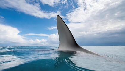 shark fin on surface of ocean agains blue cloudy sky