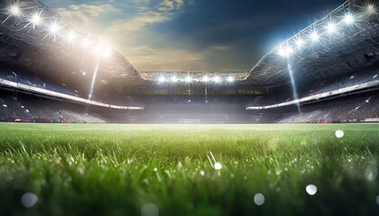 Football stadium with lights grass close up in sports arena background