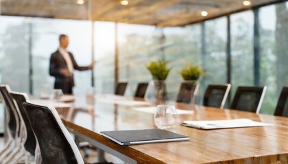 Defocused board meeting background behind glass wall
