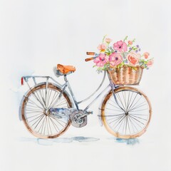 Fototapeta na wymiar A scenic summer bike ride, bicycle with a flower basket, watercolor on white background