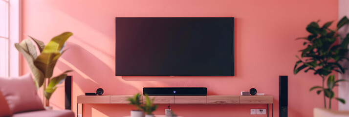 An Aesthetic Living Space Showcasing the Setup of a Modern Soundbar and Its Easy-to-follow Instructions - obrazy, fototapety, plakaty