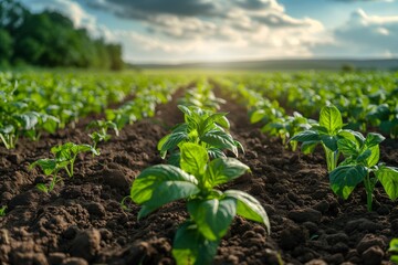 Vibrant green crops growing in soil fields