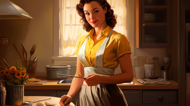 Warm vintage kitchen scene with a woman preparing a meal, capturing the essence of traditional home cooking and family values