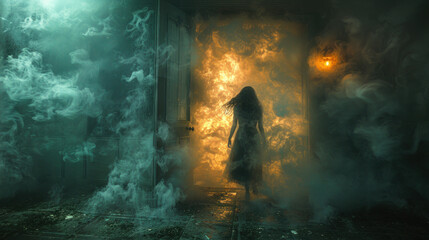 Silhouette of a woman in burning house - nightmare, bad dream concept