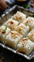 A tray of creamy coconut barfis, topped with silver vark and garnished with toasted coconut flakes and chopped almonds, delicious food style, blur background, natural look