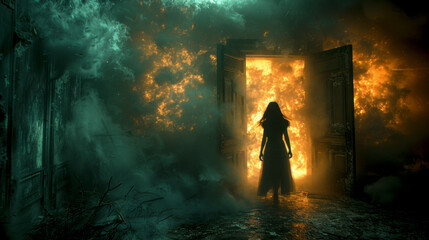 Silhouette of a woman in burning house - nightmare, bad dream concept - obrazy, fototapety, plakaty