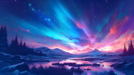 Mystical Scandinavian Landscape with Vibrant Aurora and Cosmic Atmospheric Phenomena