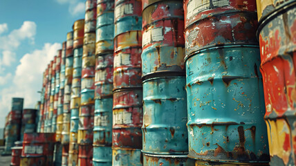 Hazardous material drums stacked under open sky in daylight