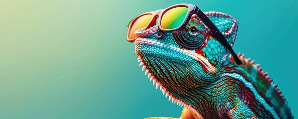 Colorful chameleon sporting trendy sunglasses, posing on a vibrant teal backdrop.