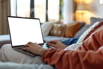 A person enjoying entertainment on a laptop with a white mockup screen while relaxing on a couch at home