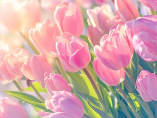 Vibrant Pink Tulips Blossoming in a Lush Garden under Bright Daylight