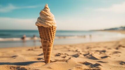 Close up of a light brown Ice Cream Cone at the Beach. Beautiful Summer Vacation Background - obrazy, fototapety, plakaty