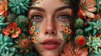 Fantastic, surreal, psychedelic beauty with herbs and flowers - obrazy, fototapety, plakaty