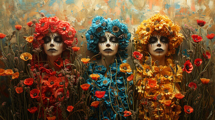 Fantastic, surreal, psychedelic goddesses in poppy flowers - obrazy, fototapety, plakaty