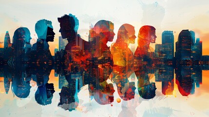 An abstract illustration of diverse professional figures merging into a perfect candidate silhouette against a corporate skyline