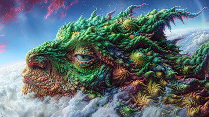 Half man, half reptile, fantastic fractal creature in clouds - obrazy, fototapety, plakaty