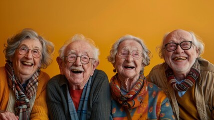 Elderly individuals from various backgrounds laugh and have fun on vibrant studio sets