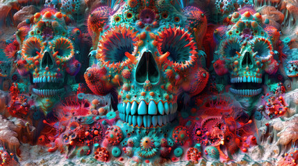 Colorful fractal skulls sculptured in rock, psychedelic vision