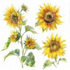 A set of bright and cheerful sunflowers, summer bloom, watercolor on white background