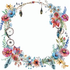 Bohemian wreath with dreamcatchers and wildflowers, on white background
