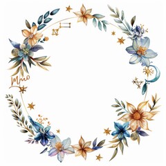 Fototapeta na wymiar Bottom wreath with astrology signs and celestial flowers, mystic, on white background
