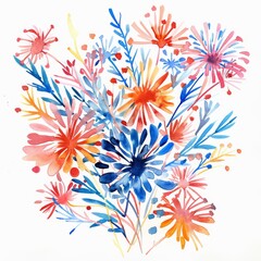 Fototapeta na wymiar Clipart of a summer festival with fireworks, watercolor on white background