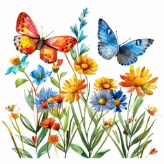 Clipart of a vibrant butterfly garden, watercolor on white background