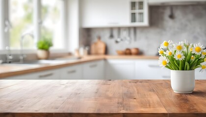 Wooden table top with flowers on blurred minimalist kitchen bench background