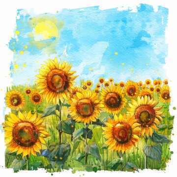 Clipart of a sunflower field with a clear blue sky, watercolor on white background