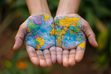 Map painted on hands showing concept of having the world in our hands - obrazy, fototapety, plakaty