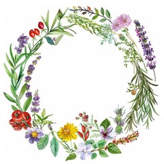 Obraz premium Edible flower wreath with herbs and spices, watercolor on white background