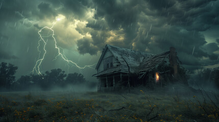 House and storm. Lightning bolt