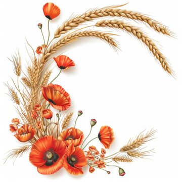 Corner wreath with golden wheat and poppies, harvest theme, on white background