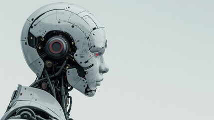Artistic representation of a robot head side view, focusing on texture and light reflection, set against a white background with a generous amount of empty copy space