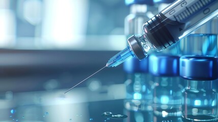 Syringe drawing vaccine from a blue-labeled vial on soft blue backdrop