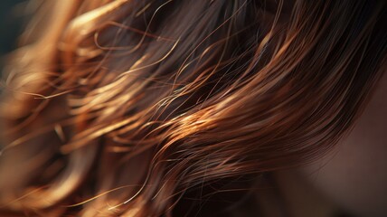 Sunlit strands of chestnut brown hair reveal subtle texture details