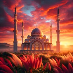 A picture of a beautiful mosque with a sunset in the background generated by ai - obrazy, fototapety, plakaty
