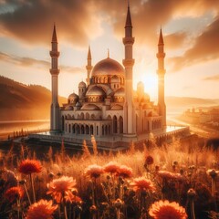 A picture of a beautiful mosque with a sunset in the background generated by ai