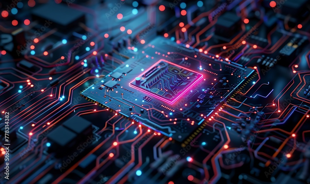 Aufkleber Quantum Computing, Futuristic System Integrating Processor, Circuitry & Artificial Neurons for Global Data Connectivity