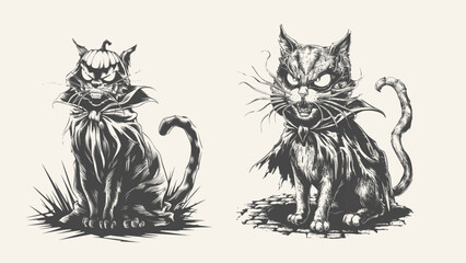 spooky scary cat standing position in vintage retro style, Generative Ai