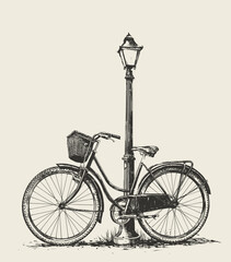 bicycle parked next to a lamp post in vintage retro sketch style, Generative Ai