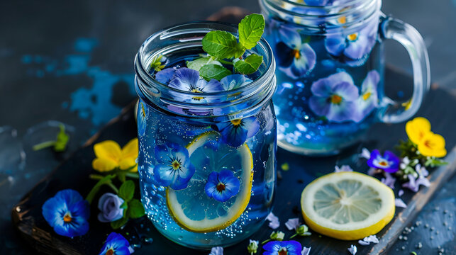 A glasses of Blue Butterfly pea flower juice drinking, decorated with yellow lemon fruit sliced and fresh and dry Asian pigeon wings flowers, on wooden table and green blurry background