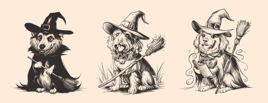 Dog with a witch hat and broomstick in vintage retro style, Generative Ai