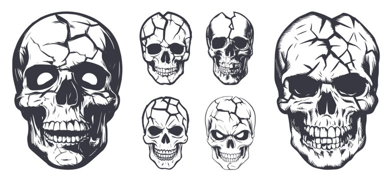 Set of cracked skulls vintage style retro, Generative Ai