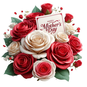 A bouquet of red and white roses with a card that says Happy Mother's Day, gift, flower, 3D render, isolated on a transparent background